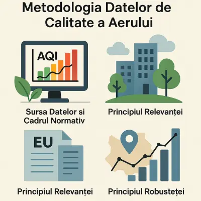 Infografic care explică metodologia de calcul și analiză a calității aerului conform EEA